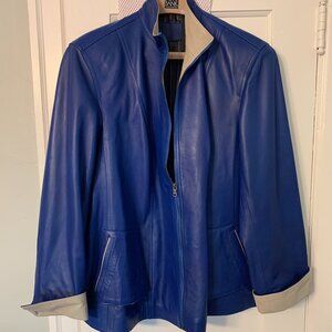 French Blue leather jacket with chic contrasting cuffs and collar